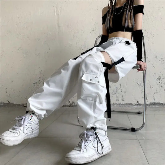 Calça cargo streetwear primavera verão feminina harajuku slim punk fitas joggers cintura elástica tornozelo comprimento calças para meninas