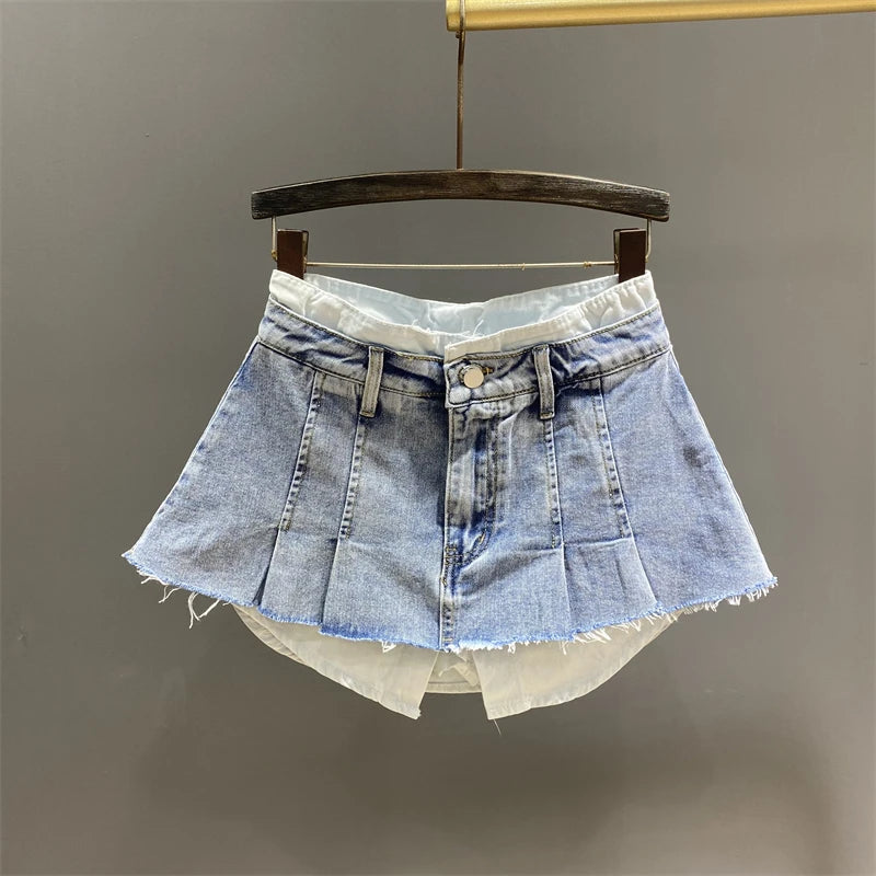 Spring and Summer New Fake Two-Piece Patchwork Pink Short Denim Skirt Women Slimming A-line Mini Pleated Skirt High Street