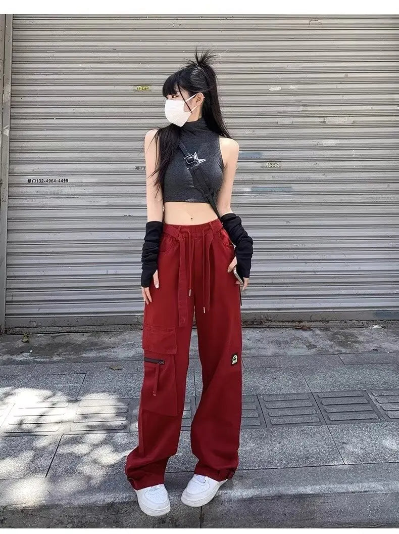 Casual Red Color Women Y2k Street Hip Hop Sweatpants Oversized Trousers Vibe Dance Jazz Long Baggy Cargo Pants Women's Clothing