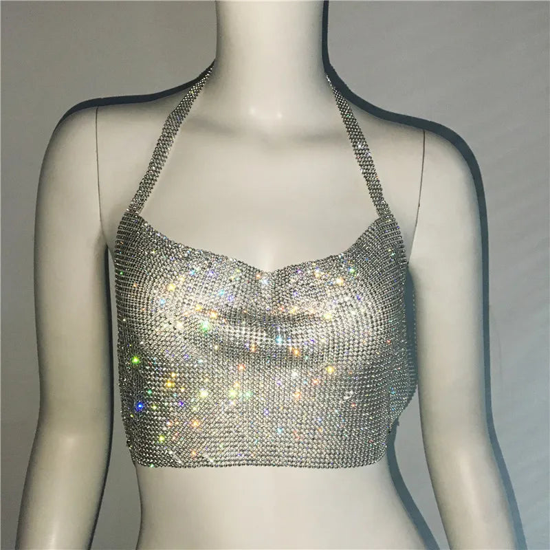 AKYZO-Sparkly Diamond Tank Top para mulheres, alças finas de strass de cristal, costas nuas sexy, top curto de clube, festa rave de festival