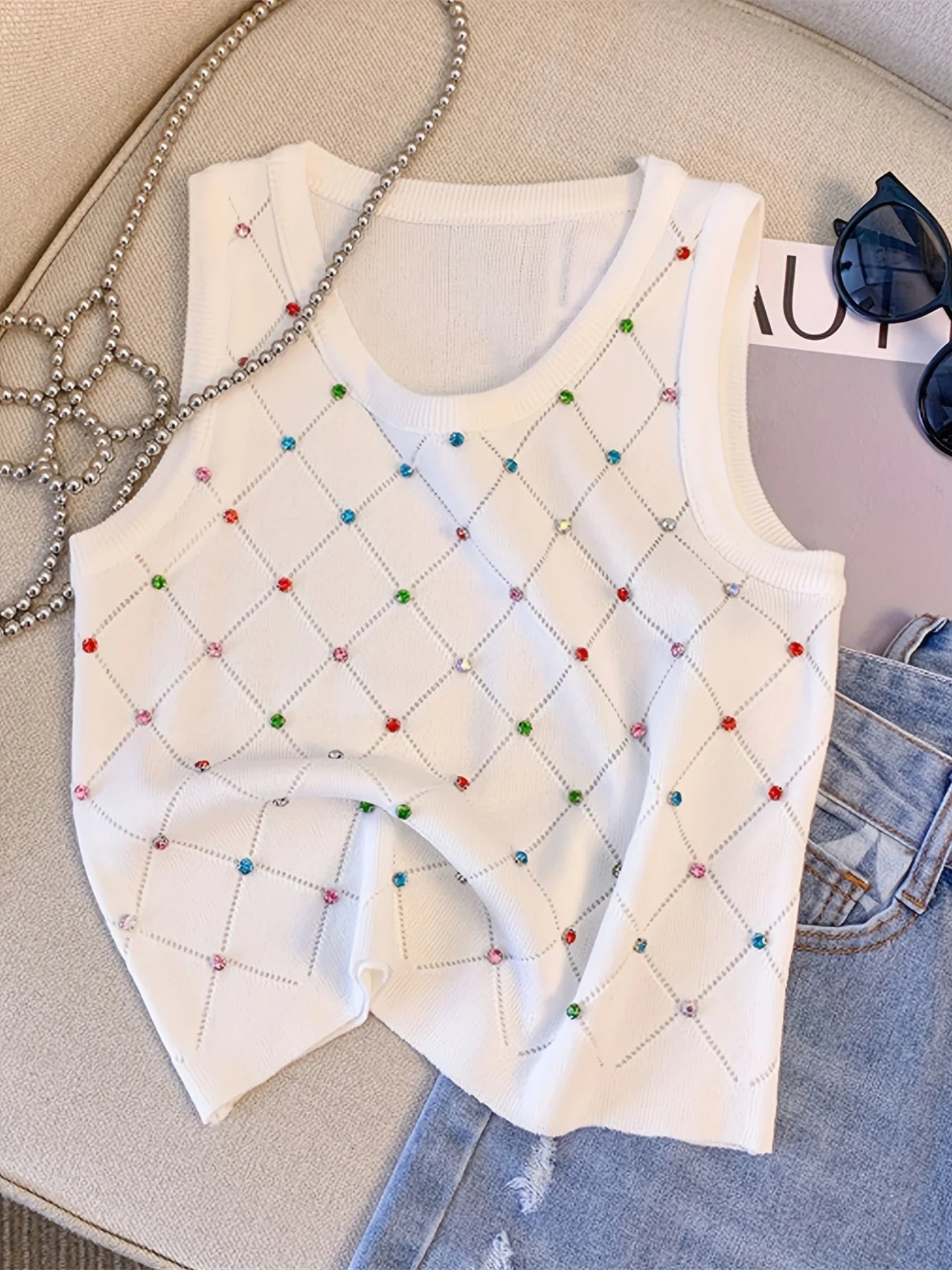 Colorful Rhinestone Knitted Tank Top Casual Crew Neck Sleeveless Tank Top For Summer  Women's Clothing Crop Top Camis