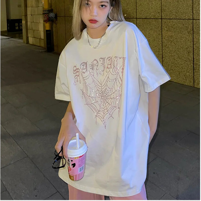 Cotton T-shirts Women Purple Cobweb Print Summer New Short Sleeve College Korean Loose All-match Design Tops Harajuku Fashion