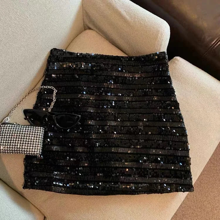 Women Black High Waist Shiny Mini Skirt White Sequins A-line Slim Skirts Y2k Silver Evening Party Skirt Sexy Club Spring Summer