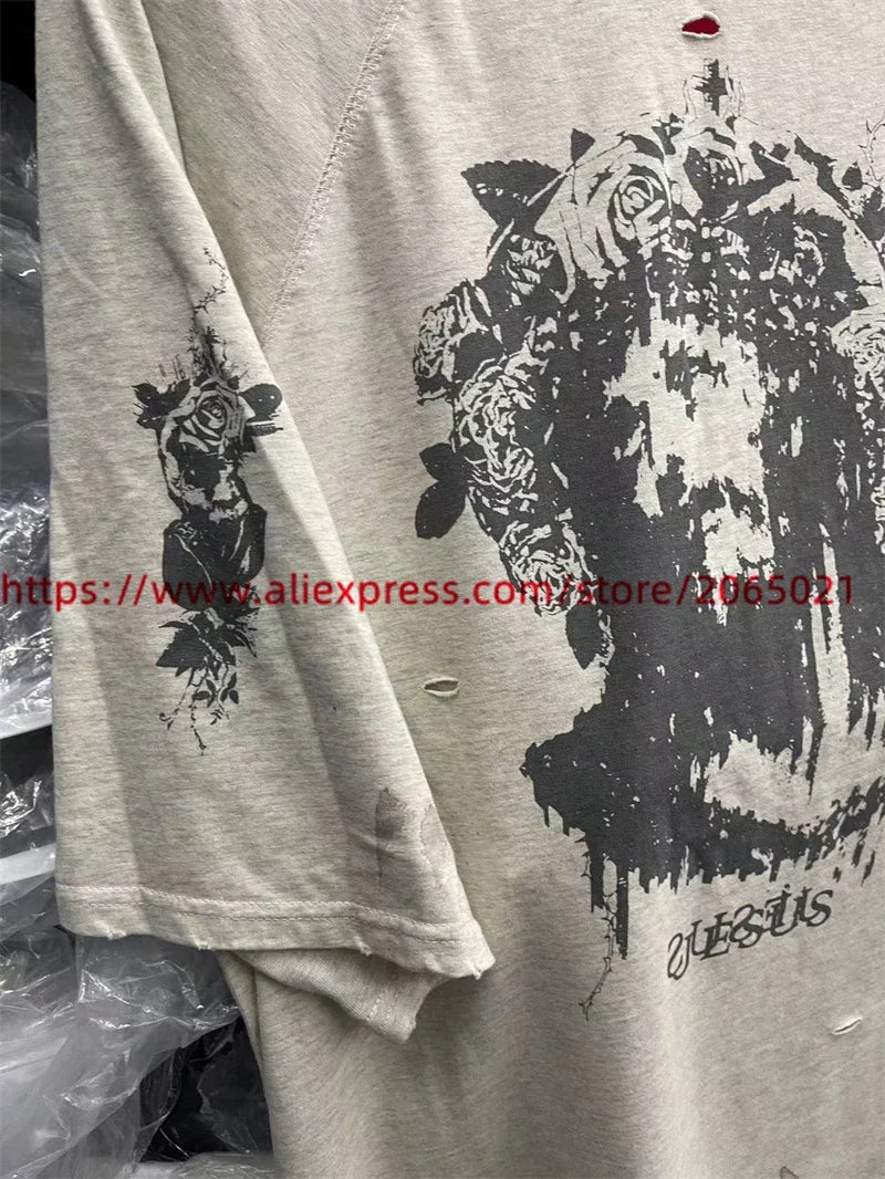 Jesus Graffiti print Saint T Shirt Men Women Retro Gray Washed T-Shirt Tee Tops