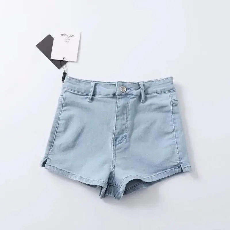 Summer 2024 women high elasticity denim hot shorts female denim casual shorts  High waist Split Hem denim shorts for women