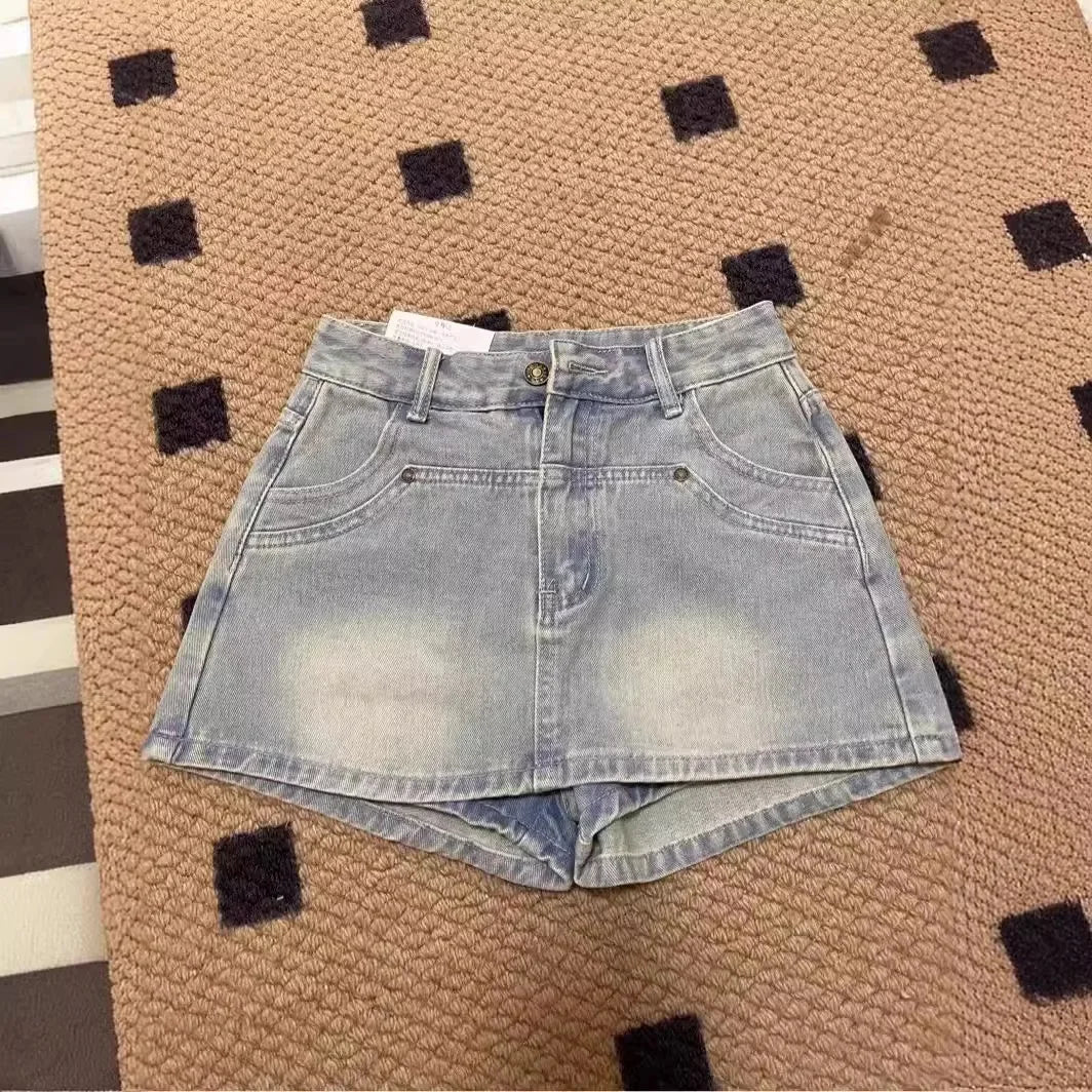 Saia jeans vintage desgastada para mulheres, cintura alta, emagrecimento, mini shorts em linha A, moda casual de verão, moda feminina