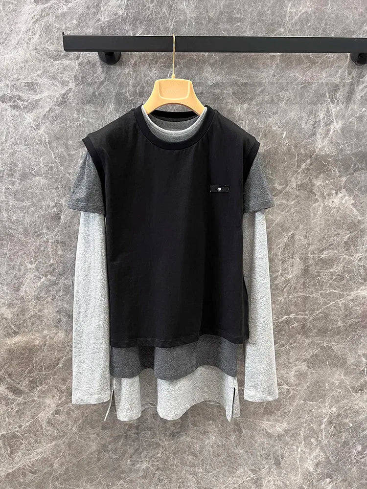 High quality~24 autumn new layered three piece set versatile long sleeved vest letter logo layered short sleeved contrasting col