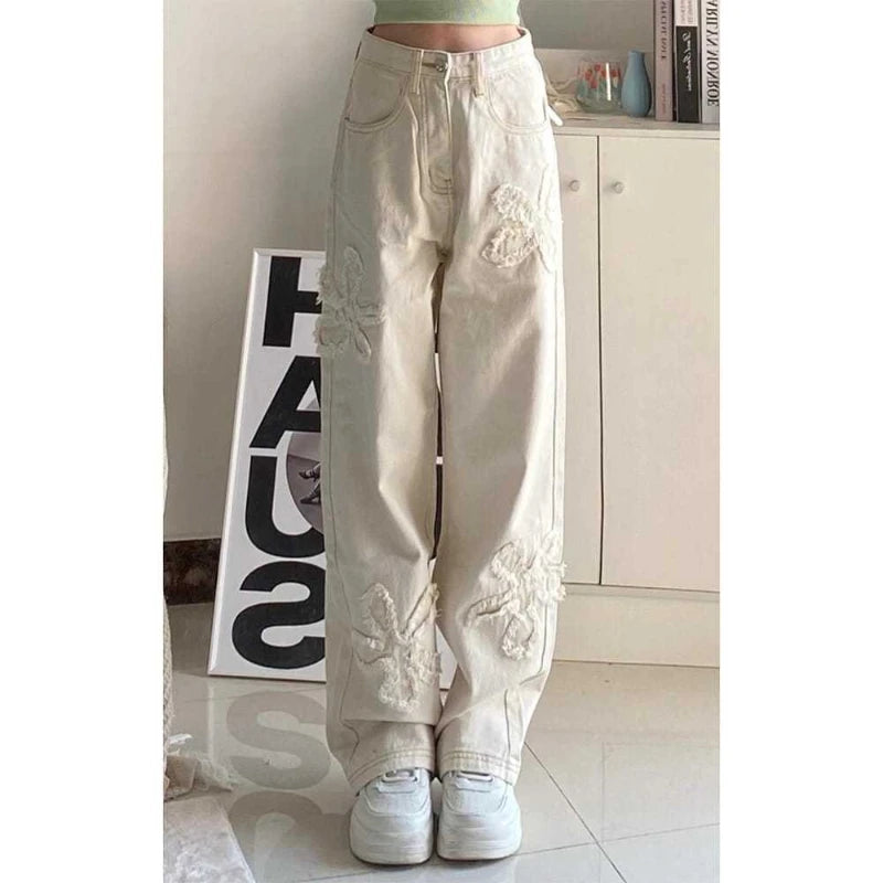 Washed Patch Raw Edge Flower High-waisted Straight-leg Loose Slimming and Tall Versatile Jeans Women Floor-length Trousers