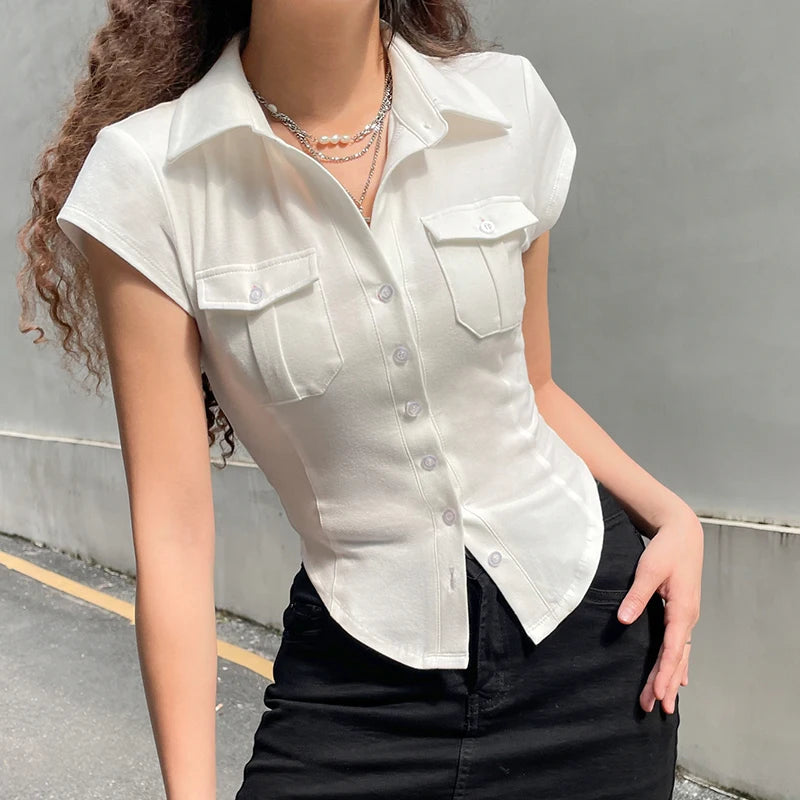 Button Pockets Crop Top Slim Girls Retro Casual Basic Cotton Shirt Cardigans Y2k Streetwear Tops Sexy Office Female White Blouse