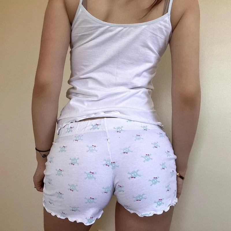 Maemukilabe Fairy Y2K 00s Vintage 2 Peças Kawaii Skull Print Pijama Set Adorável Cami Branco + Mini Shorts Grunge Coquette Lounge