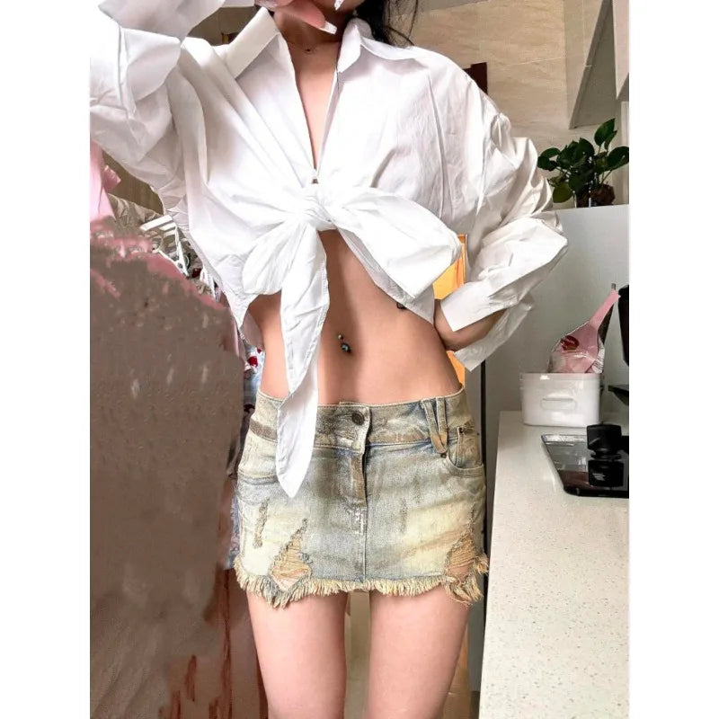 Vintage Letter Embroidery Washed Sexy Denim A-line Skirt Women 2024 Summer New Streetwear Distressed Frayed Casual Mini Skirt