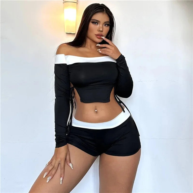 Spring Autumn New Style Women's Clothing Color Blocking Straight Neck T-Shirt Slims Smooths Your Silhouette Low Waist Shorts Sui