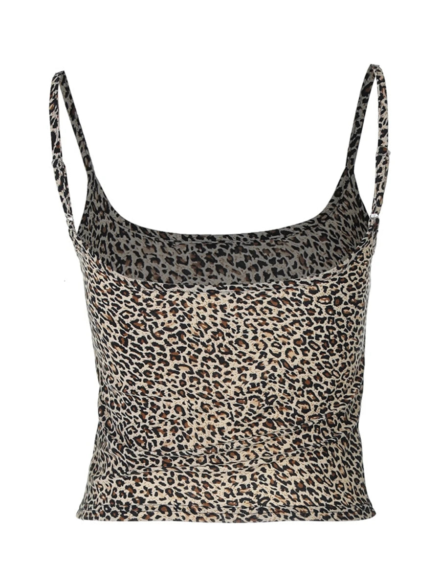 Top curto feminino com estampa de leopardo e alças finas - Camiseta sem mangas estilosa para streetwear casual e