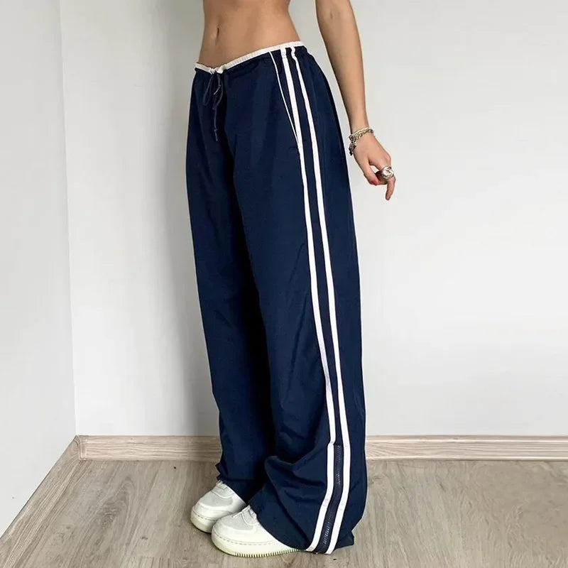 street sports belt color colliding casual pants 2024 spring and summer new elastic waist belt baggy wide leg pants trend