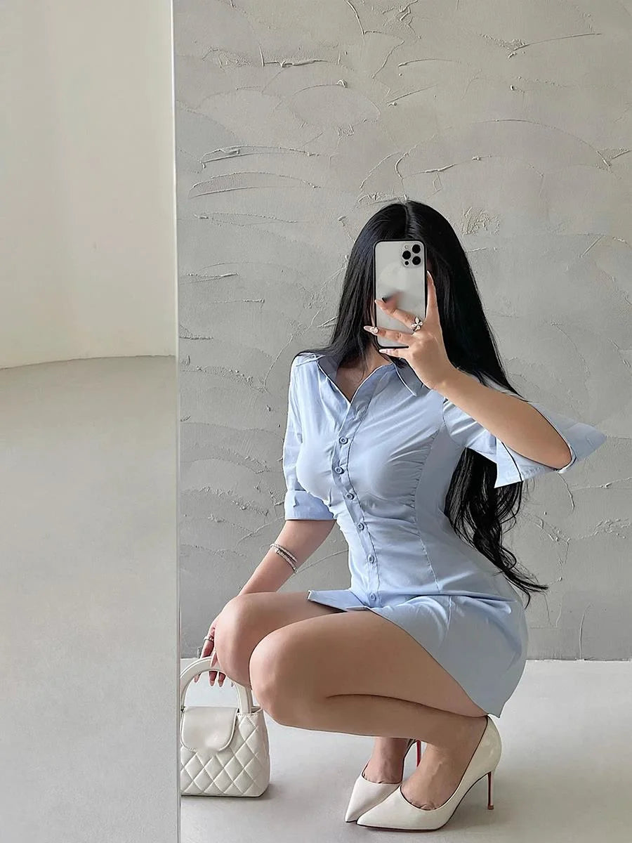 fashion women mini dress single breasted slim slim pleated waist mid sleeved shirt dress short dress elegant KFB2