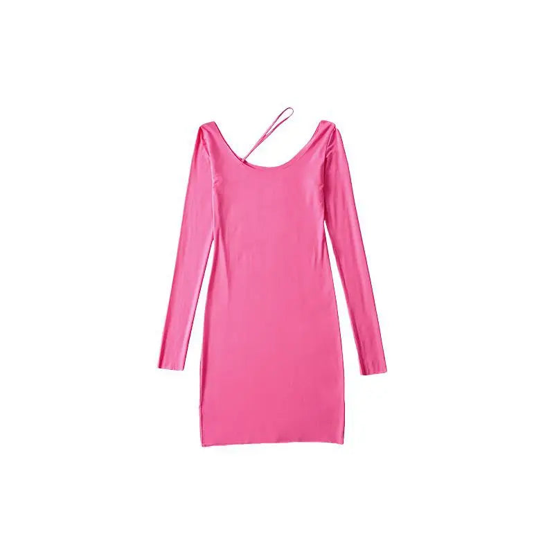 Pink Spicy Girl Sexy Tight Show Slim Skew Fashion Shoulder Strap Long Sleeve Bottom  Wrapped Hip Short Skirt Y2K mini dress