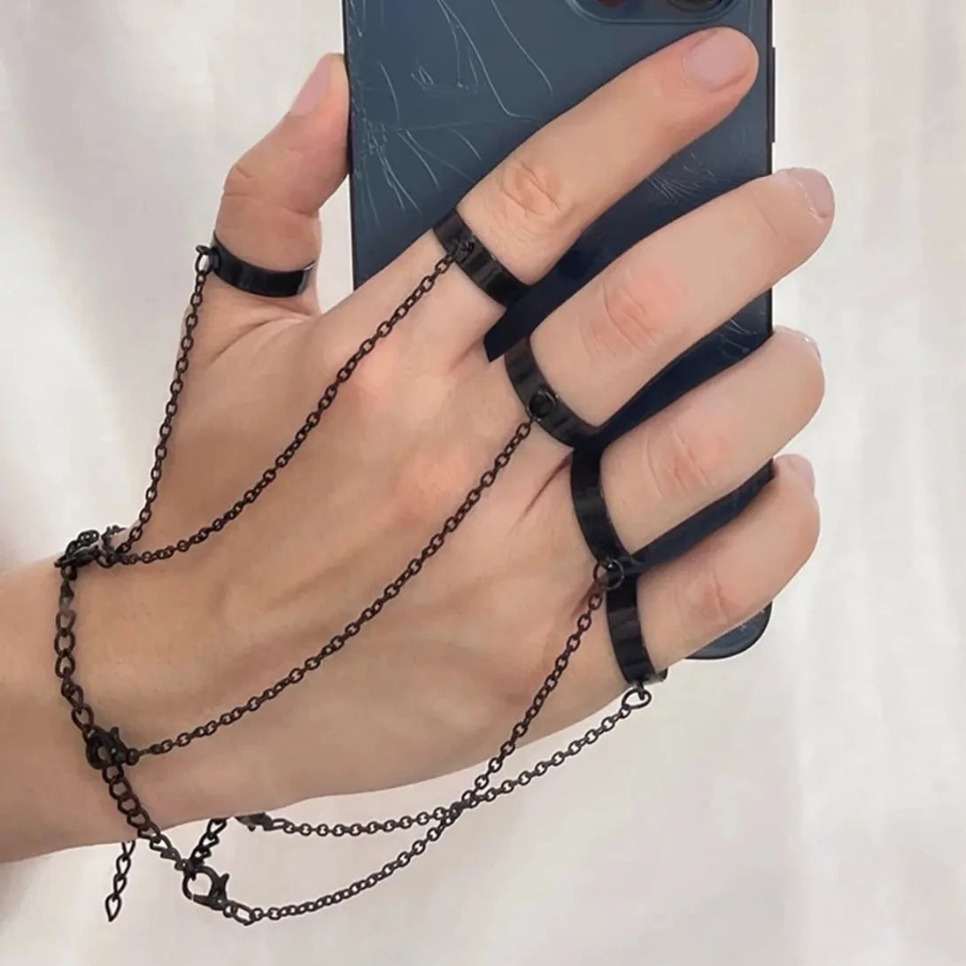 Metal Cool Cyberpunk Geometric Premium Feel Chain Wrist Rings Bracelet Charming Hip Hop Chain Open Rings Set Fashionable Jewelry