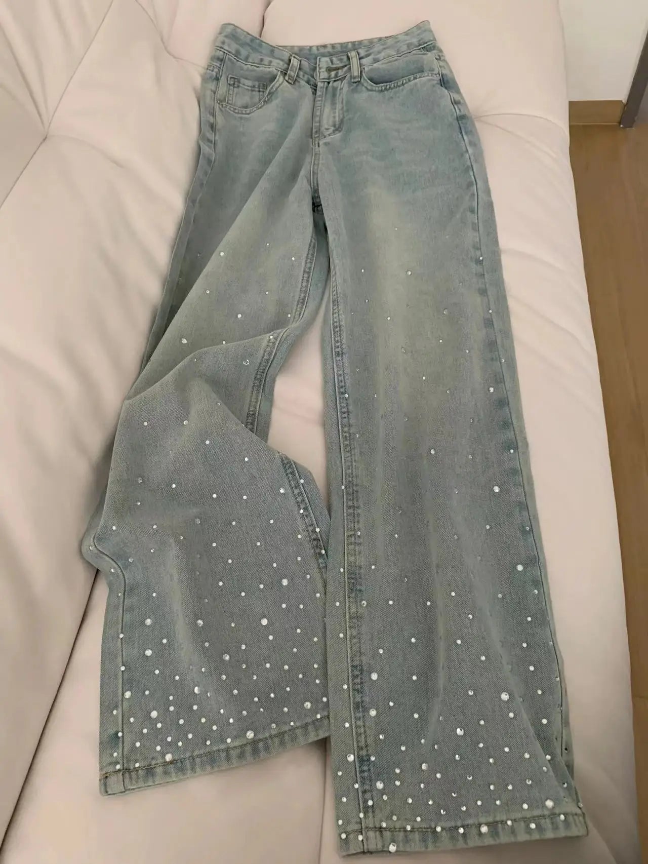 Calça Jeans Reta com Strass Feminina Retro Lavada Calça Larga Clássica Azul Cintura Alta Solta Calça Combinada