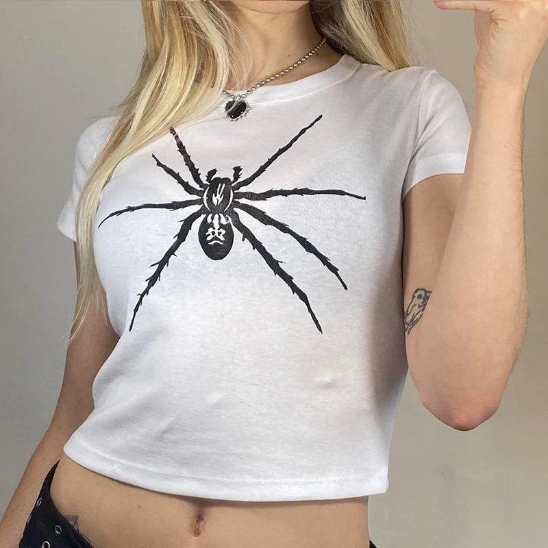 Retro Gothic T-shirt Women's Y2k Black Punk Pattern T-shirt Grunge Retro Sexy V-neck T-shirt Aesthetic Harajuku Top Spider Print