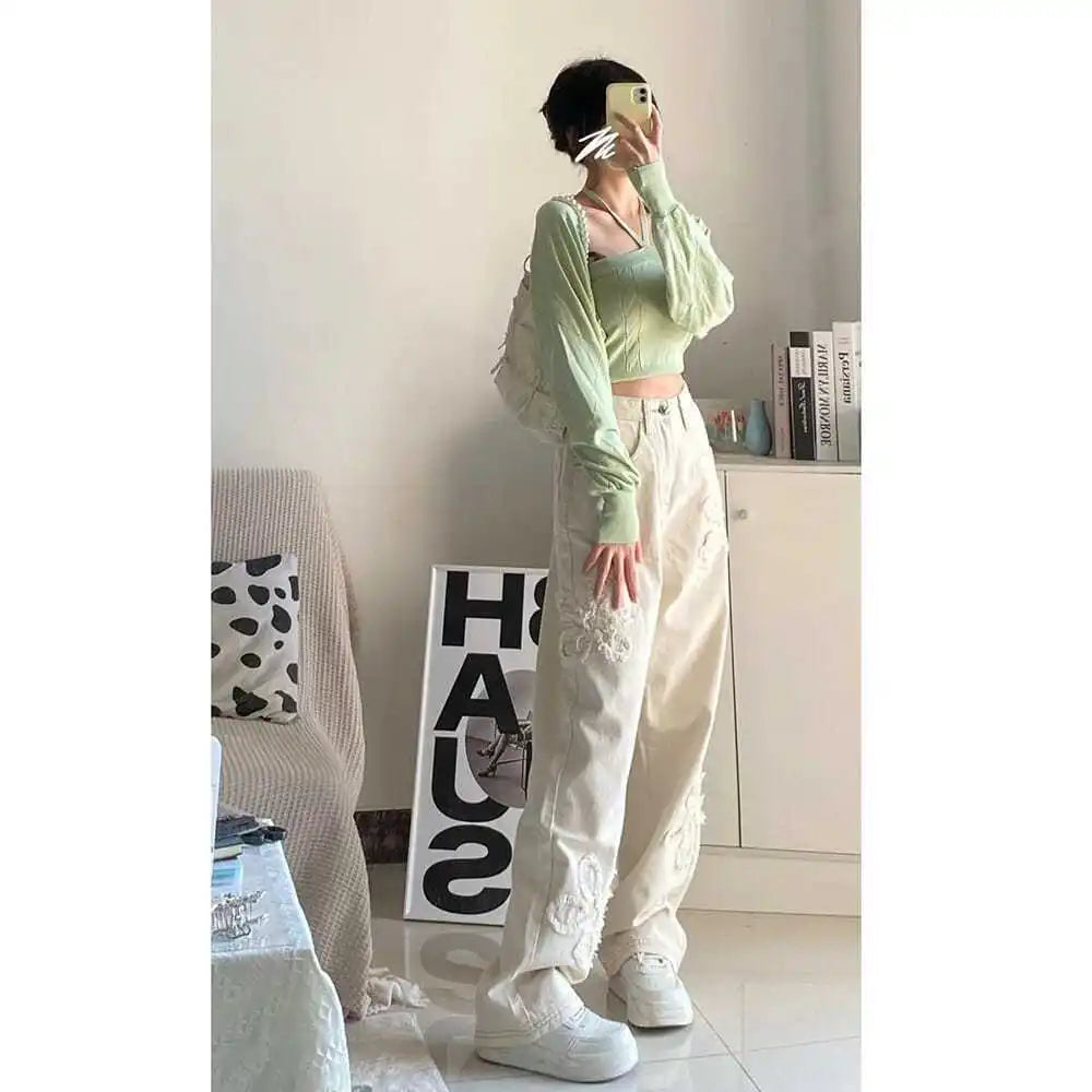 Washed Patch Raw Edge Flower High-waisted Straight-leg Loose Slimming and Tall Versatile Jeans Women Floor-length Trousers