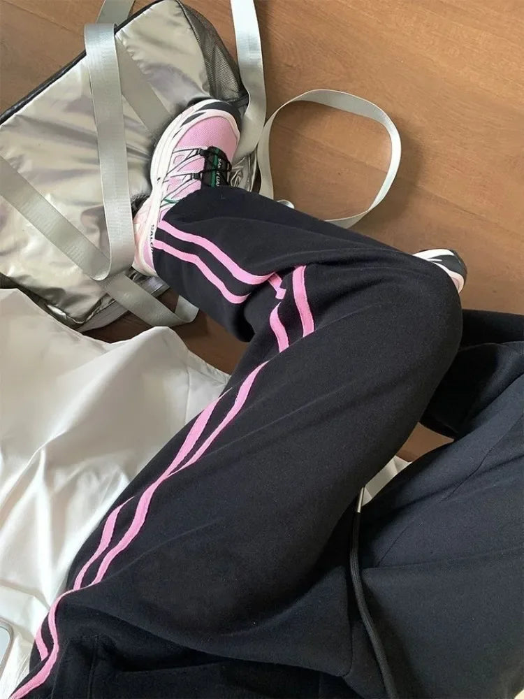 HOUZHOU Pink Striped Sweatpants Women Preppy High Waist Loose Casual Trousers Korean Fashion Kpop Streetwear Wide Leg Pants