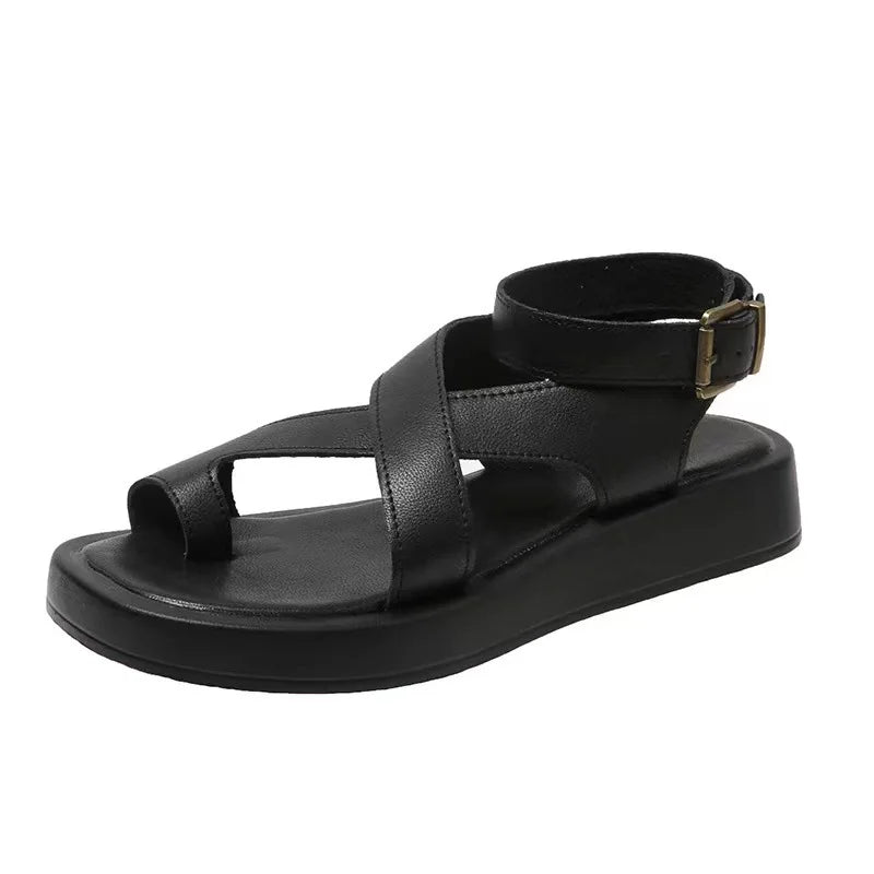 Women Summer Sandals 2024 New Pu Leather Ladies Sandals Flat Fashion Sandales Femme Black White Ankle Buckle Sandalias Mujer