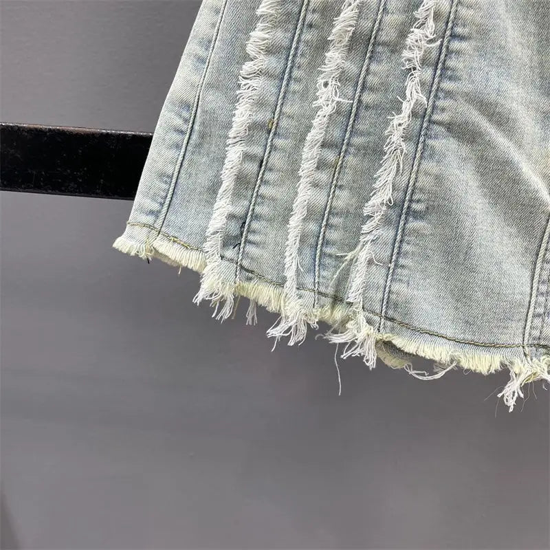 retro fringe patchwork striped A-line denim skirt for women with rough edges, spicy girl A-line ultra short anti glare skirt