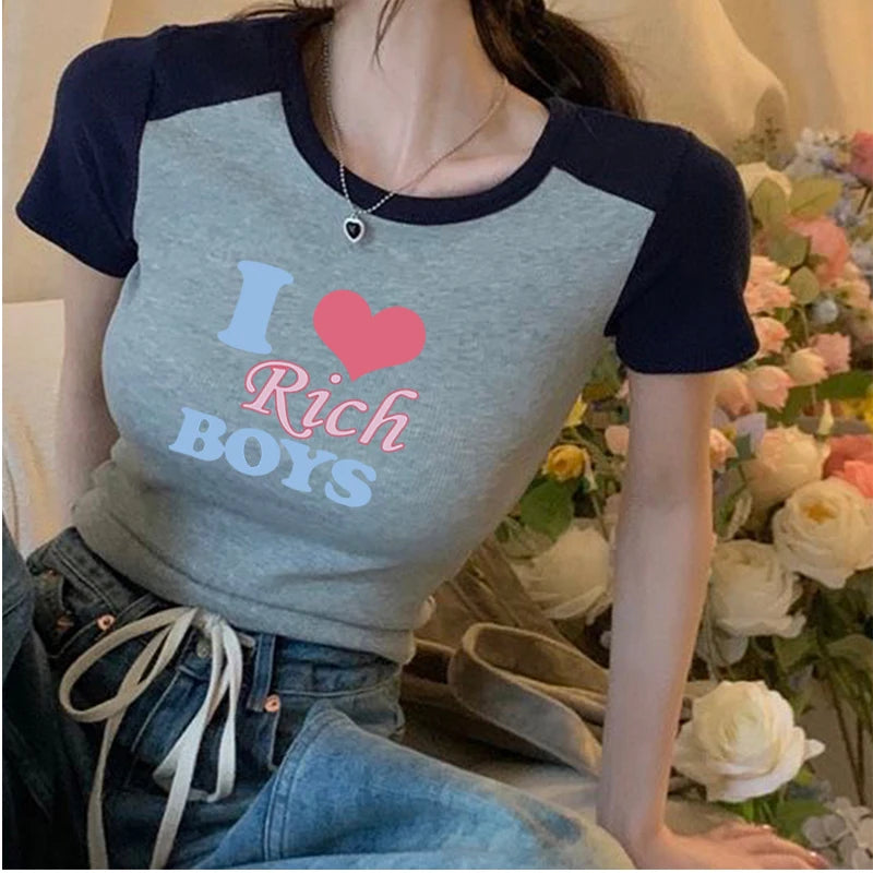 Eu amo meninos ricos mulheres verão camiseta grunge top curto sexy bebê camiseta estampada camiseta branca feminina top curto menina gostosa gola redonda curta