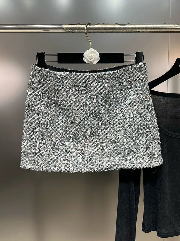 DEAT Trendy Fashion Women's Solid Color Sequins Woolen Skirt 2024 Winter New Items High Waist Wrap Hip Skirts Female 11XX7474