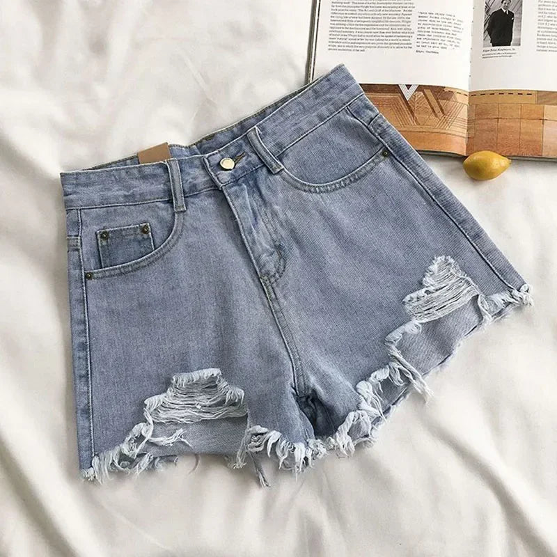 Moda Distressed Edge Cintura Alta Street Wear Mulheres Perna Larga Calças Quentes Verão Novos Shorts Jeans Casuais Femininos Estilo Coreano