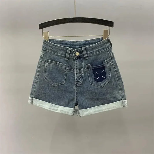 CINESSD Simple Retro High Waist Denim Shorts 2023 New Personalized Pocket A- line Wide Leg Pants Slimming Curling Hot Pants