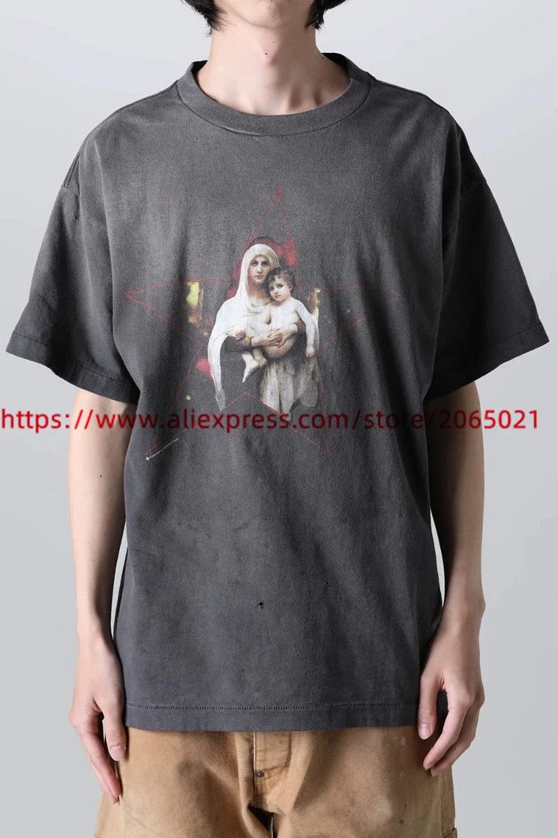 Jesus Graffiti print Saint T Shirt Men Women Retro Gray Washed T-Shirt Tee Tops