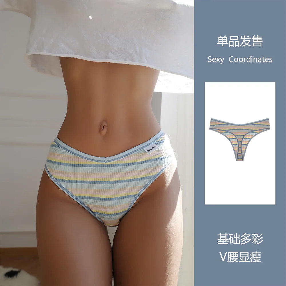 SP&CITY Rainbow Striped Cotton Thongs Sports Low Waist Sexy Fitness Underwear Breathable Panties Comfortable Seamless Briefs