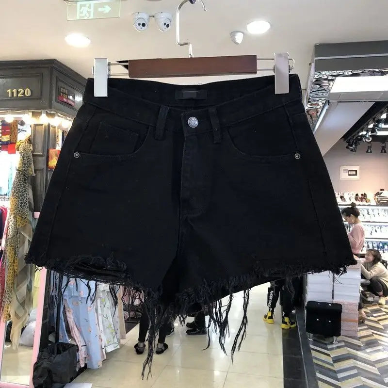 Shorts jeans coreanos de cintura alta com borda crua, femininos, verão 2024, básico, com bolso de botão, para todos os tipos de streetwear, shorts jeans