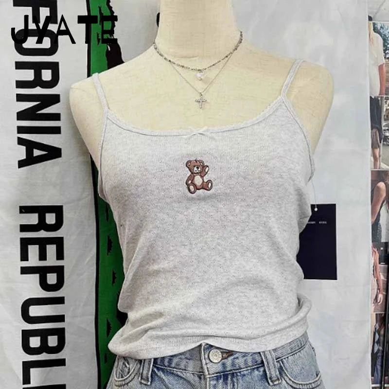 Novo 14 Bordado Slim Tank Top Feminino Primavera Casual Sem Mangas Algodão Branco Estilo Preppy Camis Feminino Bonito Doce Colete Y2K Tops