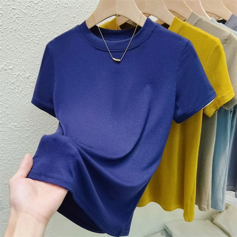 New High Quality Casual WomenT shirt Sexy Slim Short Sleeves Pink Plus Size Fashion Crew Neck Trend Solid Women Clothing Tops