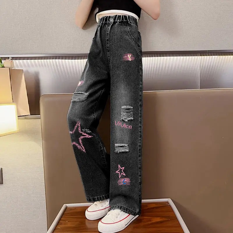 Girls, middle and large kidsren's summer creative five-pointed star denim wide-leg pants