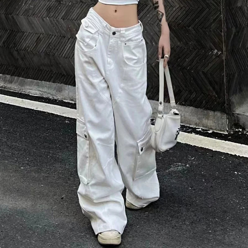 Fashion Baggy Cargo Long Pants Women Y2K American Vintage Streetwear Wide Leg Straight Trouser Casual Distressed Female Bottom