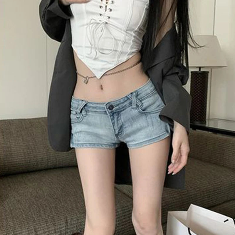 Denim Shorts Basic Women Hot Fashion Mini Zipper Button Blue Sexy Low-Waisted Shorts American High Street Harajuku Y2K Jeans