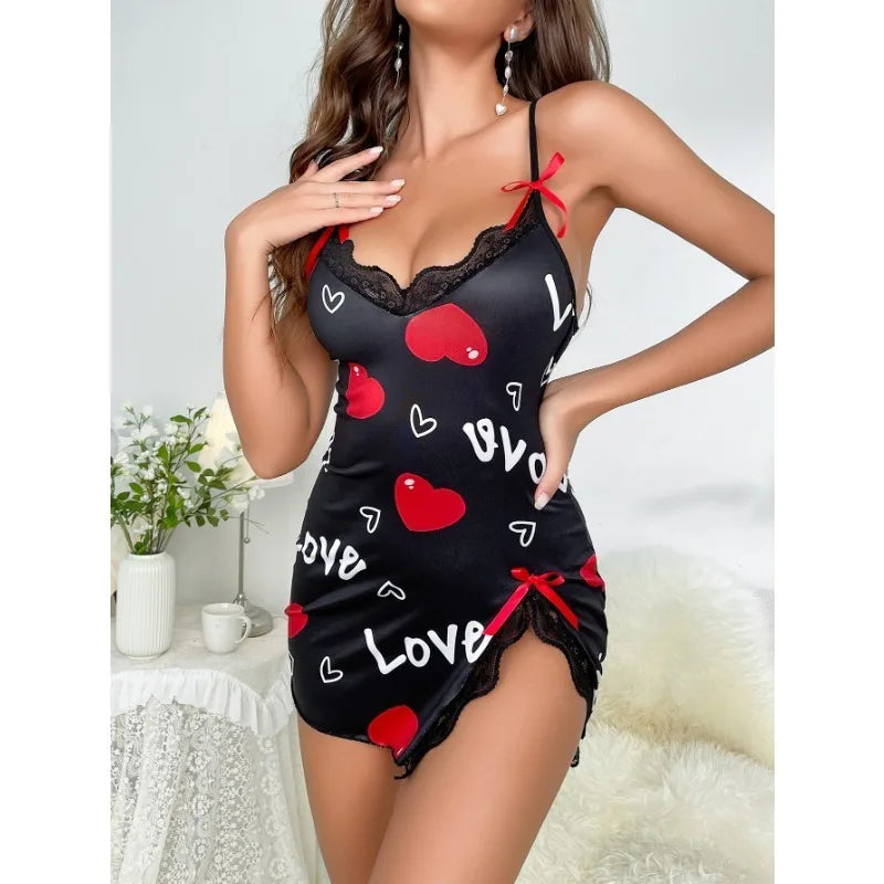 Roupa de dormir feminina sexy de seda leitosa lingerie erótica vestido sem costas suspensório suspensório estampa de coração roupa de dormir para meninas