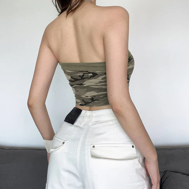 Lamuusaa Camouflage Tube Top y2k Women Summer Front Drawstring Off Shoulder Strapless Sleeveless Bandeau 2000s Streetwear ﻿