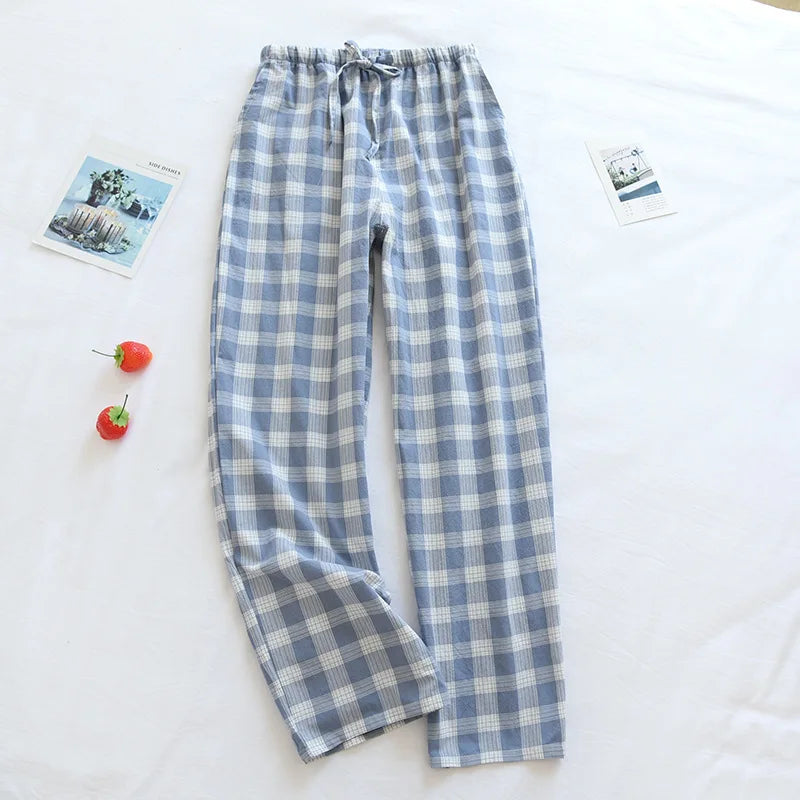 Fdfklak Washed Cotton Plaid Pajamas Pant Men's Woven Pockets Home Pants Casual Loose Male Sleep Trousers Pantalones De Mujer