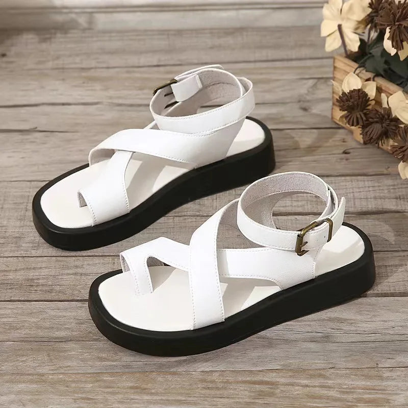 Women Summer Sandals 2024 New Pu Leather Ladies Sandals Flat Fashion Sandales Femme Black White Ankle Buckle Sandalias Mujer