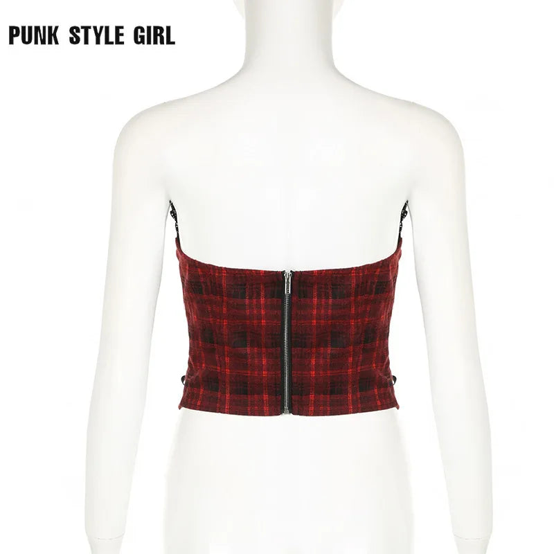 Hip Hop Y2k Hotsweet Red Plaid Vest Women Aesthetic Emo Alternative Grunge Lace Patchwork Bandage Crop Tank Top Goth Rave Outfit