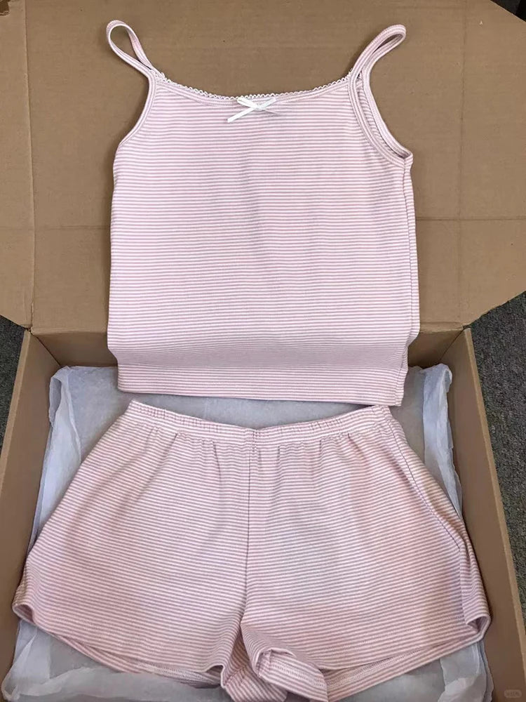 Pink Striped Cotton Vest Shorts 2 Pieces Set Women Bow Slim Tank Tops With Elastic High Waist Straight Short Pants Sweet Sets