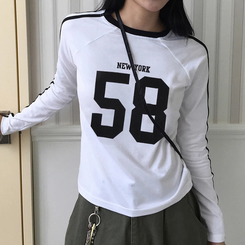 CIBBAR Casual Digital Print Crop Top Basic O-neck Full Sleeve Preppy Style T Shirt Women Basic Autumn Tees Shirts y2k Aesthetic