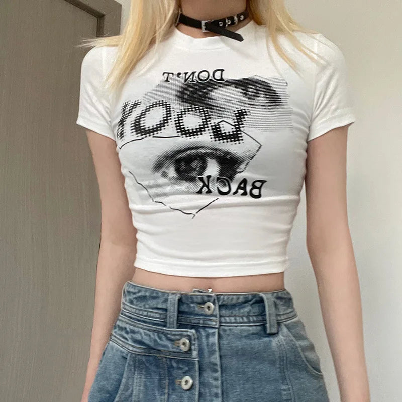 Verão Estética Personalidade Olhos Abstratos Impresso Retro Camiseta Mulheres Y2k Grunge Sexy O-pescoço Umbigo Manga Curta Camisetas Crop Tops