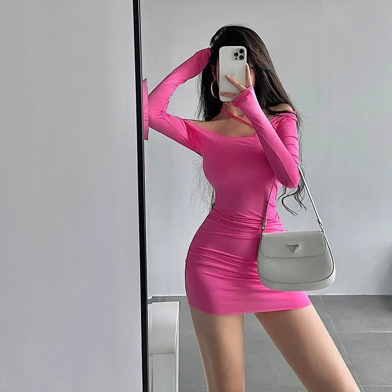 Pink Spicy Girl Sexy Tight Show Slim Skew Fashion Shoulder Strap Long Sleeve Bottom  Wrapped Hip Short Skirt Y2K mini dress