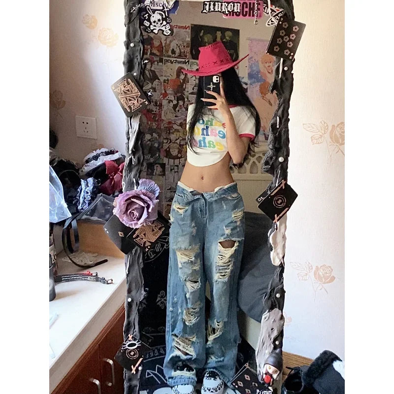 Deeptown Y2k Baggy Jeans Rasgado Mulheres Cintura Baixa Gyaru Calças Jeans Largas Pais Streetwear Grunge Hippie Calças Coreanas Moda