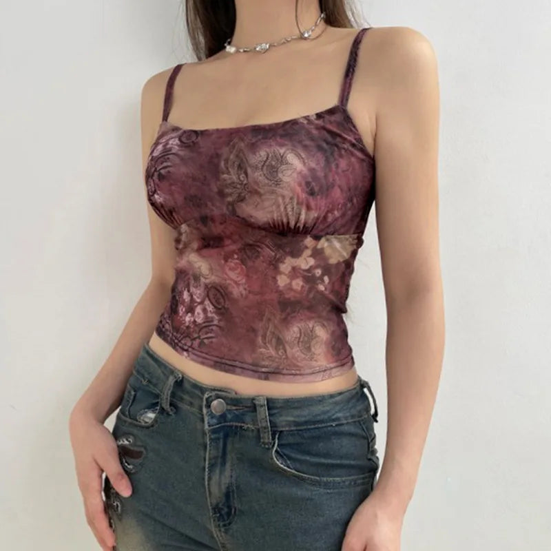 Vermelho Vintage Floral Print Y2K Cami Top Mulheres Estética Bonito 2000s Camisole Sem Mangas Slim Cropped Verão Colete Tops